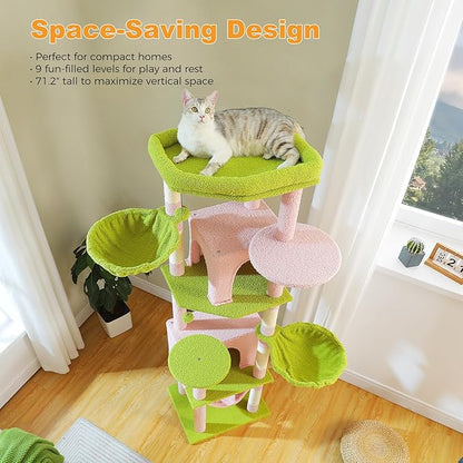 71.2" Large Cat Tree for Multi-Cat Households - Heavy-Duty 9-Level Cat Tower w/5 Sisal Scratching Posts, 2 Condos, 3 Hammocks, Extra-Large Perch &amp; Pompoms - Space-Saving, Pink