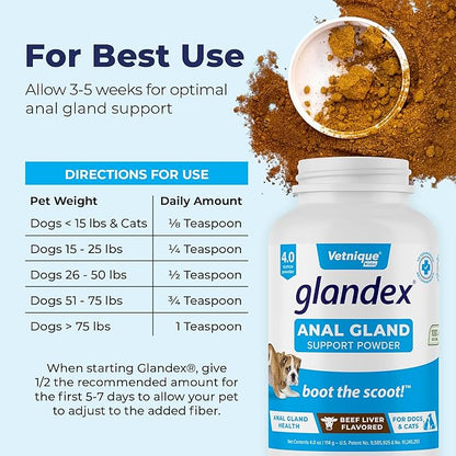 Vetnique Labs Glandex Dog Fiber Supplement Powder for Anal Glands with Pumpkin, Digestive Enzymes &amp; Dog Probiotics for Digestive Health - Vet Recommended - Boot The Scoot (Beef Liver, 4.0oz Powder)