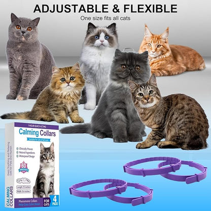 Calming Collar for Cats 4 Pack - Pheromone Collar for Stress and Anxiety Relief, Lasts 60 Days, Adjustable, Water-Resistant &amp; Breakaway Design to Make Cats Relaxed