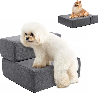 Foldable 18 Inch Wide Dog Stairs for Small Dogs, 12 Inch Height Foam Dog Steps for Bed &amp; Couch, Linen Covered Pet Stairs for Dogs to Get on Bed, Indoor Foam Pet 2 Steps for for Cat and Puppy