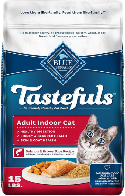 Blue Buffalo Tastefuls Natural Dry Food for Adult Indoor Cats, Salmon &amp; Brown Rice Recipe, 15-lb. Bag
