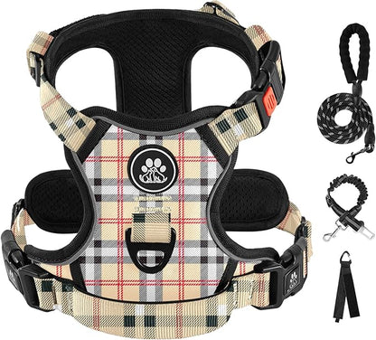 IVY&amp;LANE No Pull Dog Harness with Leash Set, Reflective No Choke Pet Vest,Adjustable Oxford Dog Vest Harness with Easy Control Handle for Medium Lagre Dogs (Checkered Beige,M)