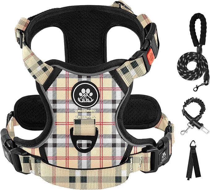 IVY&amp;LANE No Pull Dog Harness with Leash Set, Reflective No Choke Pet Vest,Adjustable Oxford Dog Vest Harness with Easy Control Handle for Large Dogs (Checkered Beige,L)
