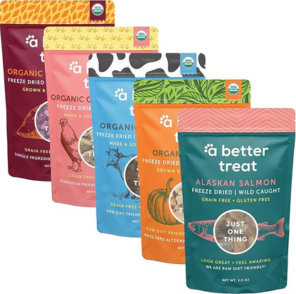 A Better Treat – Organic, Single Ingredient, Freeze Dried Pumpkin, Grass Fed &amp; Finished Beef Liver, Chicken, Sweet Potato, Wild Salmon Dog Treats &amp; Cat Treats | Natural Diabetic Friendly | Made in USA