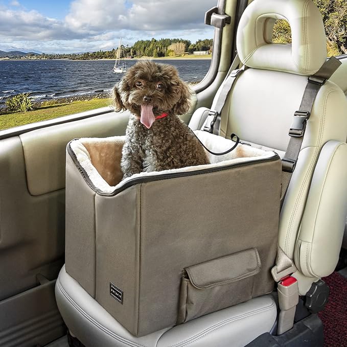Petsfit Dog Booster Car Seat for Small Dogs, Dog Car Seat with Safety Leash, Suitable for Cars, Trucks, and SUVs (Small, Brown)