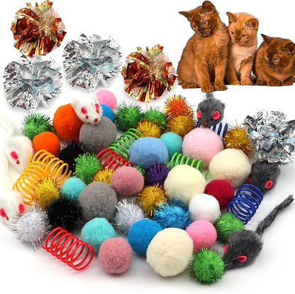 60 Pack Cat Toys - Assorted Kitten, Mouse, Crinkle &amp; Pom Pom Balls