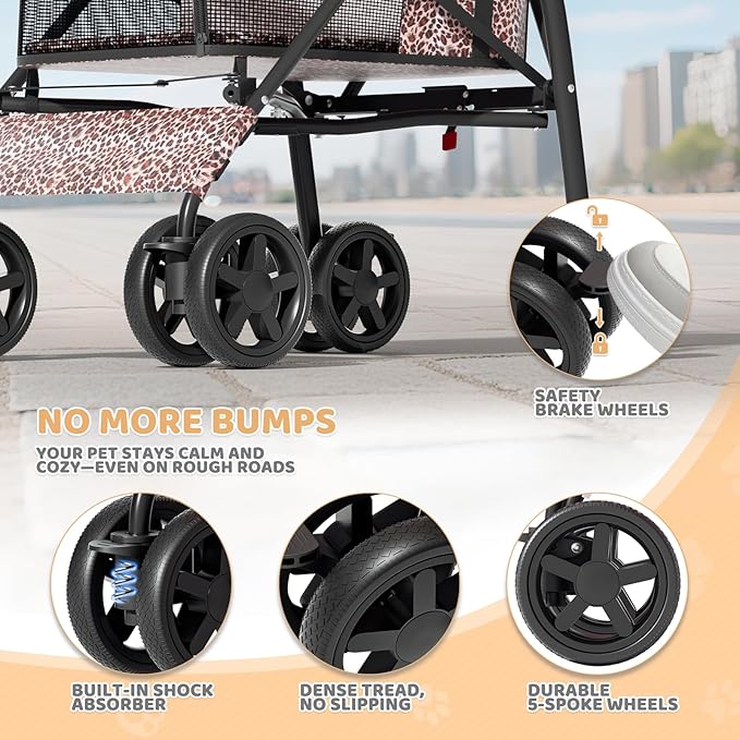 Magshion Compact Pet Stroller for Small-Medium Dogs/Cats up to 22lbs, 4-Wheel Lightweight Umbrella Shaped Portable Puppy Travel Jogger with Breathable Mesh, Cup Holder &amp; Rear Storage, Leopard Print