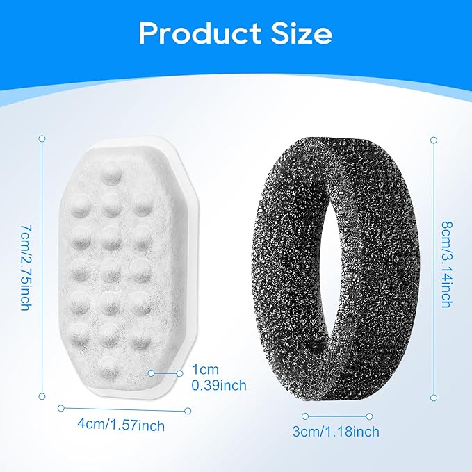 Cat Fountain Filter Replacement, Cat Water Fountain Filters Compatible with Rellaty &amp; Fit for Neareal 3.2L/108oz Fountains, 10PCS Replacement Filters with 10PCS Sponge 10+10 Pack