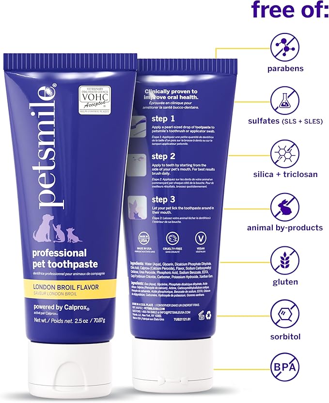 Petsmile Professional Pet Teeth Brushing Kit for Cats &amp; Dogs - Only VOHC Accepted Toothpaste &amp; Patented Toothbrush - Proven to Control Plaque &amp; Tartar Calprox Formula (London Broil, 2.5 Oz)