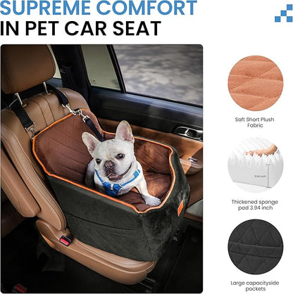 Dog Car Seat for Small Dogs - Puppy Car Seat with Safety Strap &amp; Waterproof Padding, Portable Pet Carrier for Cars, Trucks &amp; SUVs, Comfortable Elevated Bed for Pets Up to 35lbs (Black/Coffee)