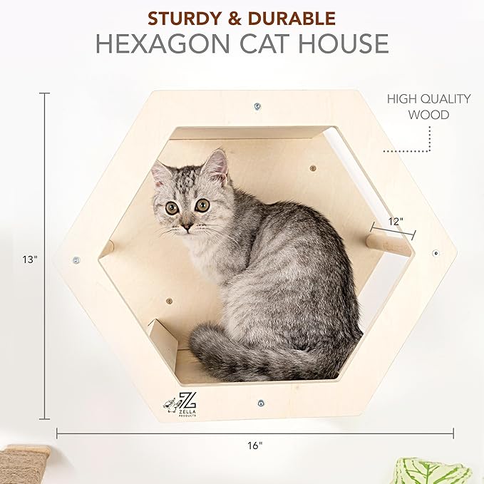 3-Piece Cat Wall Furniture Set - Hammock, Hexagon House, Climbing Steps - Wall Mounted Shelves, Perches, and Beds - Modern Design for Large Cats and Kittens &amp; Spare Hammock Fabric Included