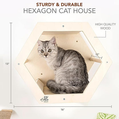 3-Piece Cat Wall Furniture Set - Hammock, Hexagon House, Climbing Steps - Wall Mounted Shelves, Perches, and Beds - Modern Design for Large Cats and Kittens &amp; Spare Hammock Fabric Included