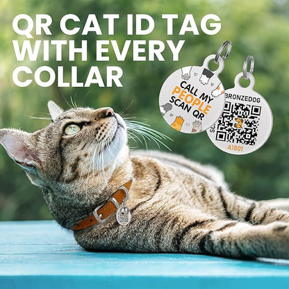 BRONZEDOG Leather Cat Collar with Removable Bells Non Breakaway Kitten QR Tag for Girl Boy (7" - 9" for Cats, Light Brown &amp; Silver)