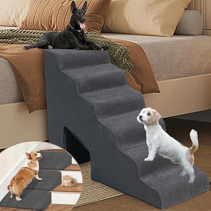 Dog Stairs &amp; Steps Ramps for High Beds 30 inches High Tall, LitaiL 6 Step Pet Stairs Steps for Small Large Dogs, Non-Slip Dog Ramps with 3 Pack Ramps for Staircase