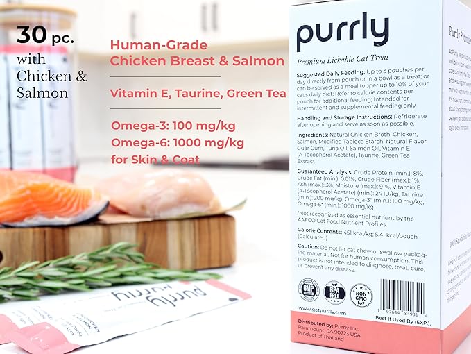 Purrly Hydrating Wet Cat Treat Snack Topper Creamy Purée Human-Grade Chicken Breast &amp; Salmon with Omega-3 &amp; 6 for Skin &amp; Coat (30 Count) Healthy Lickable Squeeze Soft Snack