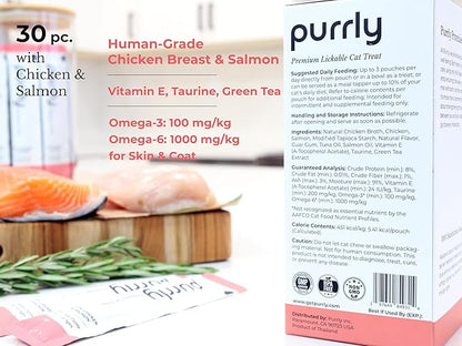 Purrly Hydrating Wet Cat Treat Snack Topper Creamy Purée Human-Grade Chicken Breast &amp; Salmon with Omega-3 &amp; 6 for Skin &amp; Coat (30 Count) Healthy Lickable Squeeze Soft Snack