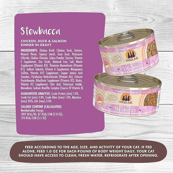 Weruva Classic Cat Stews!, Stewbacca with Chicken, Duck &amp; Salmon in Gravy, 5.5oz Can (Pack of 8)