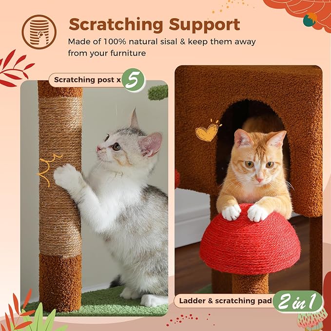PEQULTI Mushroom Cat Tree Floor to Ceiling Cat Tower Adjustable Height (90.5&