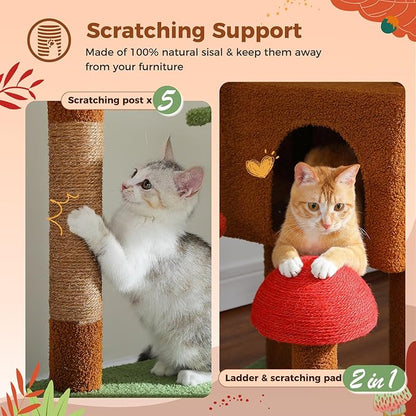 PEQULTI Mushroom Cat Tree Floor to Ceiling Cat Tower Adjustable Height (90.5&