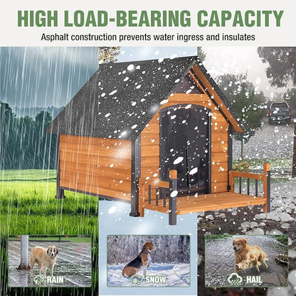 Large Dog House Outdoor Insulated Weatherproof Dog Kennel with Insulated Liner, Dog Shelter for Large Breed with Anti-Chewing Iron Fram and Porch (Brown, 50.9" D x 37.4" W x 37.2" H)