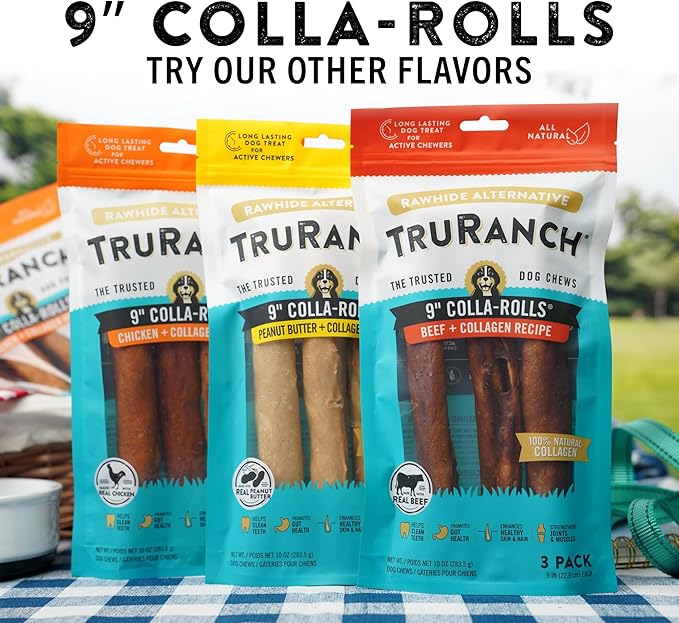 Collagen Rolls - 9" Collagen Rolls for Dogs - Long Lasting Healthy Joint Support Dog Treat - Rawhide Alternative - Skin &amp; Coat Health - Made with Real Peanut Butter, 1 Bag, 3 Count