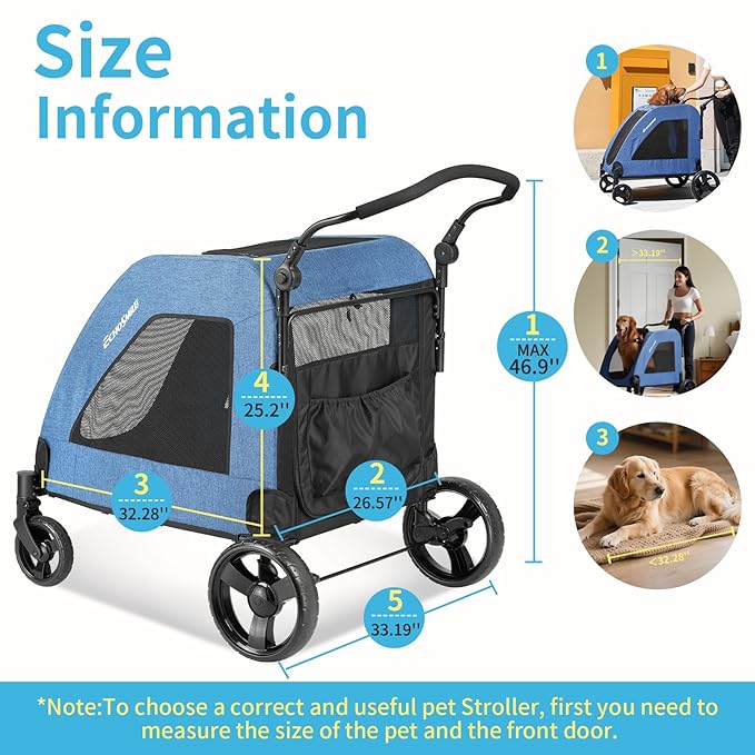 EchoSmile Heavy-Duty Large Dog Stroller with Shock-Absorbing Wheels, Foldable Pet Travel Carrier for Medium &amp; Large Dogs, 5 Mesh Windows, 160 lbs Capacity, Easy Assembly &amp; Storage