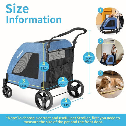 EchoSmile Heavy-Duty Large Dog Stroller with Shock-Absorbing Wheels, Foldable Pet Travel Carrier for Medium &amp; Large Dogs, 5 Mesh Windows, 160 lbs Capacity, Easy Assembly &amp; Storage