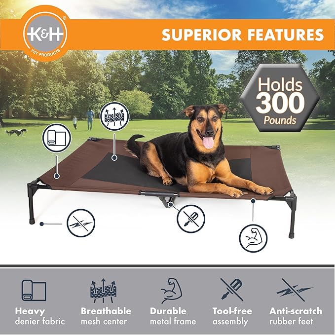 K&amp;H Pet Products Outdoor Elevated Dog Cot, Breathable Cooling Elevated Cot Hammock Pet Bed for XL Dogs, Washable Mesh Cover, Raised Metal Frame, Collapsible, Portable - Jumbo 56 X 38in Chocolate