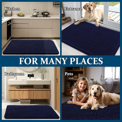 OLANLY Dog Door Mat Set 2-Piece 36x24, Absorbs Moisture and Dirt, Absorbent Non-Slip Washable Doormat, Quick Dry Chenille Mud Mat for Dogs, Entry Indoor Entryway Carpet for Inside Floor, Navy Blue