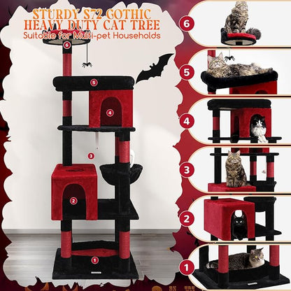 Globlazer Heavy Duty Gothic Cat Tree, 72in Large Cat Tower with Coffin Bed, Sturdy Maine Coon Cat Tree for Large Cats 20 lbs+, Medieval Castle Style with 6 Scratching Posts &amp; Hammock, S72, Black &amp; Red