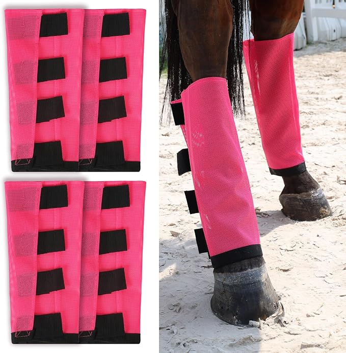 Premium 4-Pack Horse Fly Boots &amp; Leggings Loose-Fit Fine Mesh with Stay-On Fasteners, Support Strips &amp; Anti-Stomp Design Breathable Non-Slip Protection Leg Wrap (Large) Rose Pink