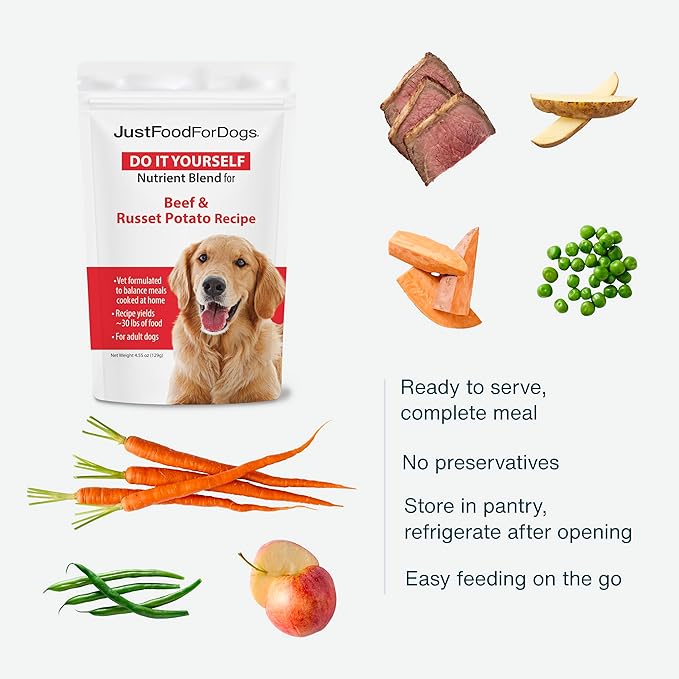 JustFoodForDogs DIY Nutrient Blend for Homemade Dog Food, Beef &amp; Russet Potato, 4.55oz