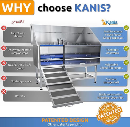 KANIS Professional Dog Washing Station - 304 Stainless Steel Pet Wash Sink &amp; Grooming Bath Tub for Home with Ramp, Shower, Floor Grate, Storage Shelf, Faucet, Drain Kit for Large, Medium &amp; Small Pets