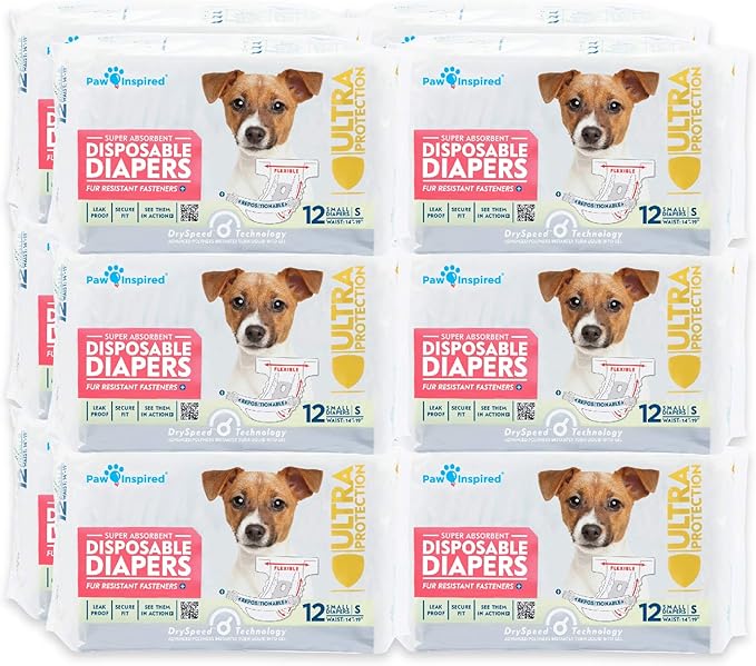 Paw Inspired Disposable Dog Diapers | Female Dog Diapers Ultra Protection | Diapers for Dogs in Heat, Excitable Urination, or Incontinence (12&amp;144 Count) (Small (144 Count))