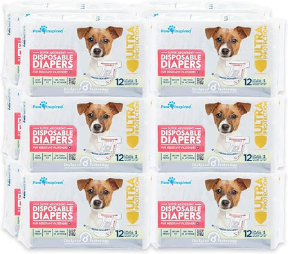 Paw Inspired Disposable Dog Diapers | Female Dog Diapers Ultra Protection | Diapers for Dogs in Heat, Excitable Urination, or Incontinence (12&amp;144 Count) (Small (144 Count))
