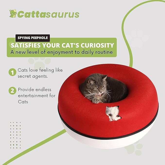 CATTASAURUS Peekaboo Cat Cave for Multiple &amp; Large Cats Up to 30-45 Lbs, Scratch Detachable &amp; Washable Tunnel Bed, Comfy Donut Cat Cave (Ruby Snowball, Large)