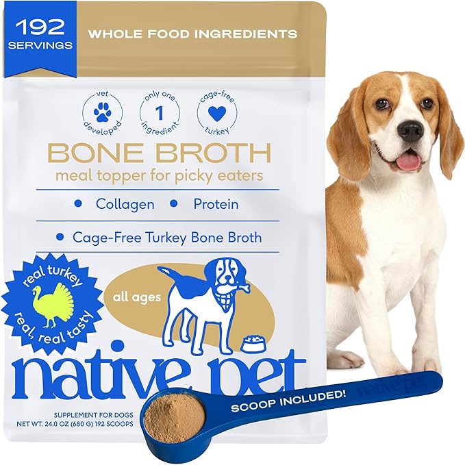 Native Pet Bone Broth for Dogs and Cats - Turkey Bone Broth Powder Dog Food Toppers for Picky Eaters - Provides Extra Nutrition for Joint Strength, Immune Support &amp; Heart Health - 192 Scoops