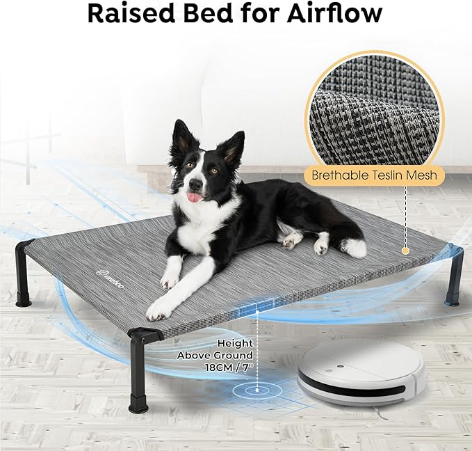 Veehoo Heavy Duty Elevated Dog Bed - Raised Dog Cot with Washable &amp; Breathable Teslin Mesh, Non-Slip Silicon Feet, Cooling for Indoor or Outdoor, 29" x 18", Black Silver