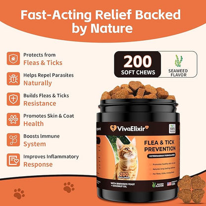Flea &amp; Tick Treatment for Cats – Natural Flea, Tick &amp; Mosquito Prevention with Brewer’s Yeast, Coconut Oil – Skin &amp; Coat Health, Immune Support – Vet Formulated 200 Chews