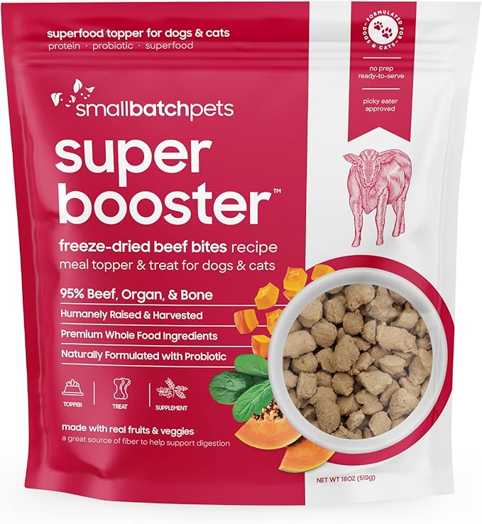 Smallbatch Freeze Dried Dog Treats, Superfood Food Topper Beef Bites for Dogs &amp; Cats, Probiotics, Organic Ingredients, High Protein, Grain Free Healthy Treat Food Topper, Made in The USA, 18 oz Bag