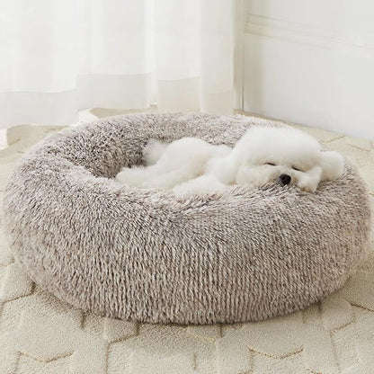 WNPETHOME Calming Dog Bed &amp; Cat Bed, Anti-Anxiety Donut Small Dog Bed, Fluffy Faux Fur Cats Cushion Puppy Bed for Small Pets and Cats (24 x 24 inch, Light Coffee)