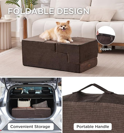 Made4Pets Dog Steps for Bed, Extra Wide Dog Stairs for High Bed Couch Sofa, 35D Foam Pet Steps for Small Dogs and Cats, Non-Slip Bottom Pet Stairs, Brown, 4 Steps