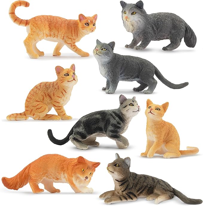 Toymany 8PCS Grey &amp; Orange Cat Figurines Set, Realistic Cat Figures Kitten Toys, Cat Cake Toppers Easter Eggs Birthday Gift for Kids Children