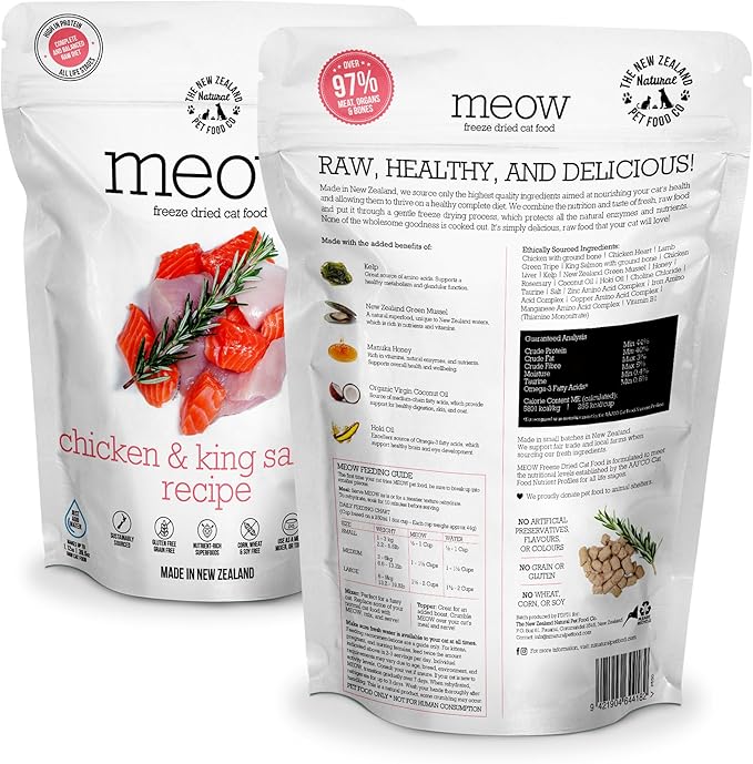 Meow Chicken &amp; King Salmon Freeze Dried Raw Cat Food, Mixer, or Topper, or Treat - High Protein, Natural, Limited Ingredient Recipe 9.9 oz