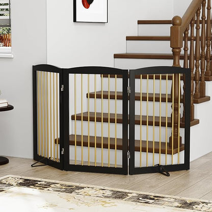 Freestanding Pet Gate for Dogs, Foldable Wooden Dog Gate for House Indoor, Step Over Pet Puppy Safety Fence for Stair, Doorway,Hall, Support Feet Included,3 Panels 32",Black&amp;Gold
