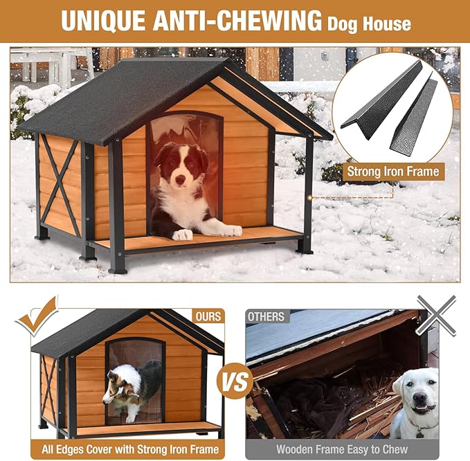Outdoor Dog House Insulated Large Dog Kennel with Liner for Winter, Heated Dog House 100% Insulated &amp; All-Around Iron Frame
