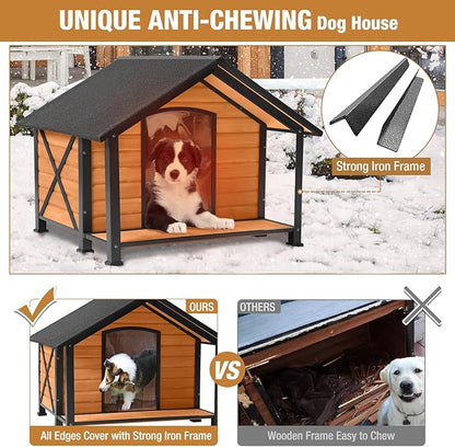 Outdoor Dog House Insulated Large Dog Kennel with Liner for Winter, Heated Dog House 100% Insulated &amp; All-Around Iron Frame