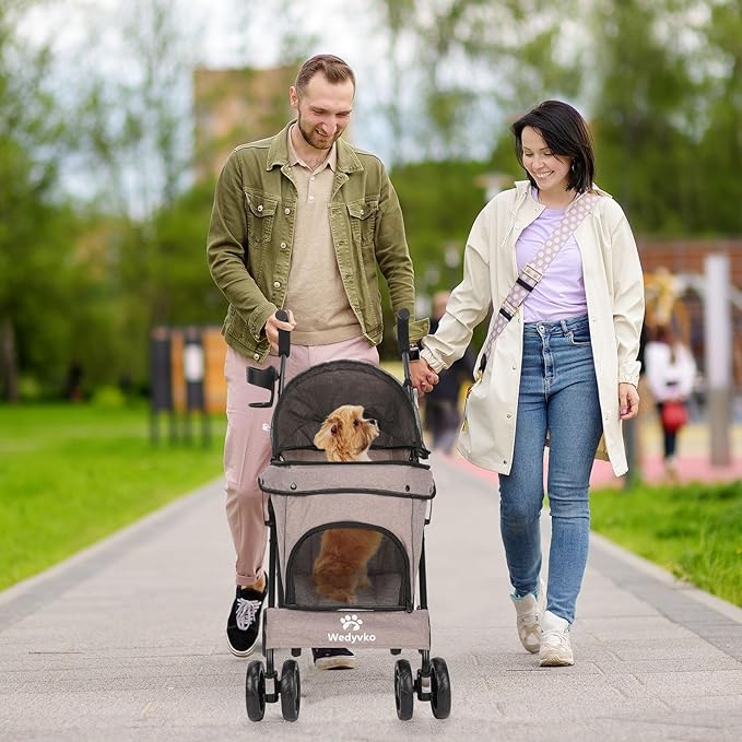 Umbrella Dog Stroller, 4 Wheels Pet Strolling, Foldable Carrier Pet Stroller for Small Dogs Cats, with Carrying Strap and Cup Holder, Dog Poop Bags &amp; Dispenser, Up to 33 lbs, Coffee