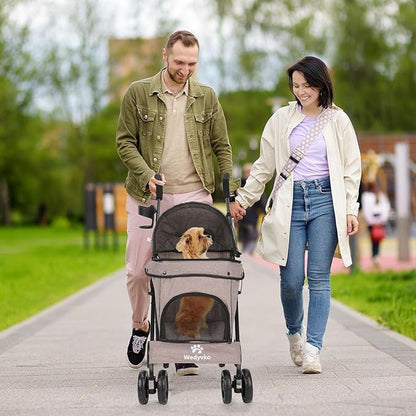 Umbrella Dog Stroller, 4 Wheels Pet Strolling, Foldable Carrier Pet Stroller for Small Dogs Cats, with Carrying Strap and Cup Holder, Dog Poop Bags &amp; Dispenser, Up to 33 lbs, Coffee