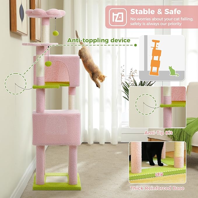 Flower Cat Tree, 62-Inch Tall Multi-Level Cat Tower with Scratching Posts for Large Indoor Cats, Plush Bed w/Padded Perches, Scratching Pad &amp; 2 Green Pompoms, Pink